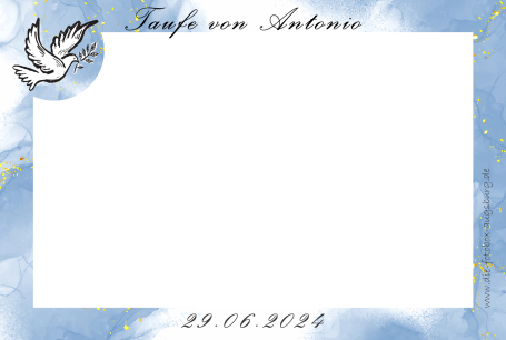Fotobox-Layout zur Taufe mit blauem Hintergrund und Taufvogel.