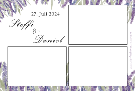Modernes Fotobox-Layout mit lilanen Pflanzen für besondere Feiern.