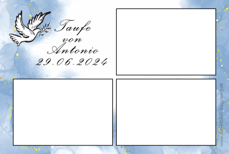 Tauf-Layout für Fotobox mit Vogelmotiv und blauem Hintergrund.